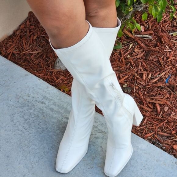 Women Mid Calf Square Toe Heel Boot Whte Color - Picture 3 of 6